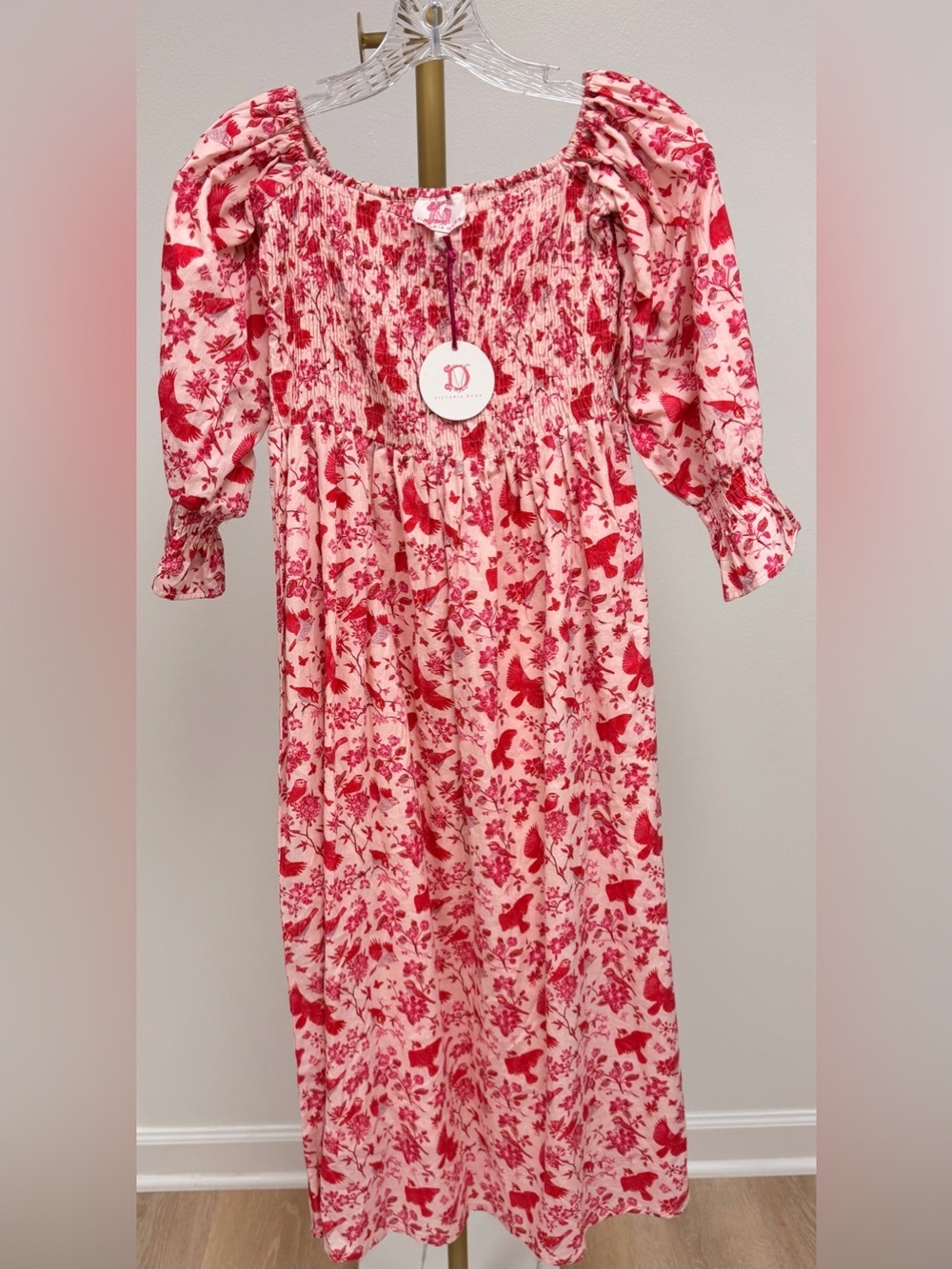 Victoria Dunn Pink and Red Floral Smocked Dress Size Small